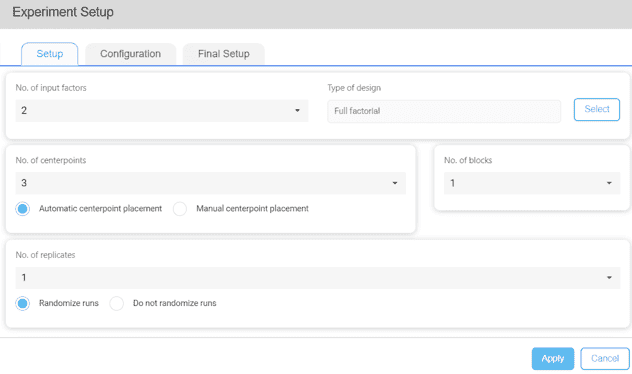 Example screen of Qualis 4.0 Analytics Experiment Setup - Setup